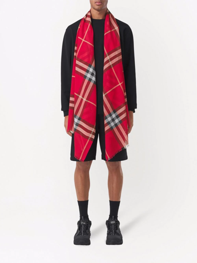 Shop Burberry Check-print Wool-silk Scarf In Red