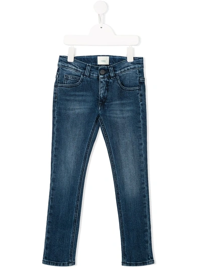 Shop Fendi Girl Embroidered Jeans In Blue