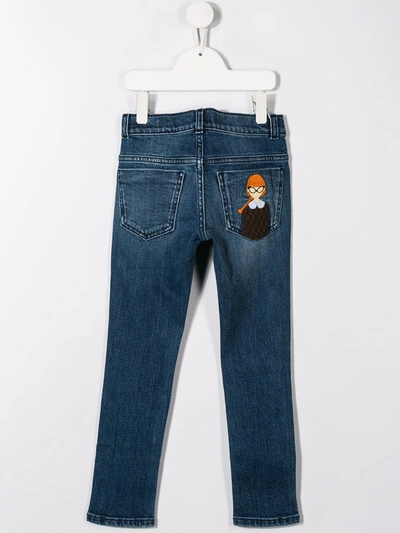 Shop Fendi Girl Embroidered Jeans In Blue