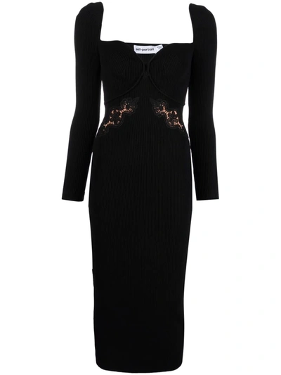 Shop Self-portrait Lace-applique Knit Dress In Black