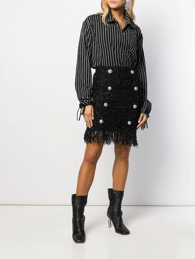 Shop Balmain Fringed Tweed Skirt In Black