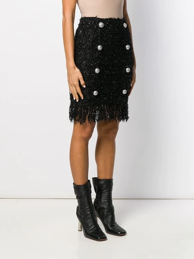 Shop Balmain Fringed Tweed Skirt In Black