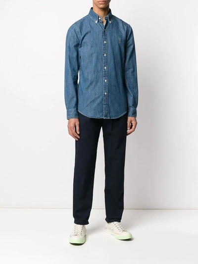 Shop Polo Ralph Lauren Button-down Logo Denim Shirt In Blue