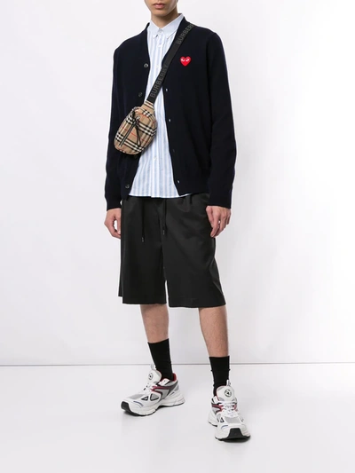 Comme Des Garçons Play Mens Cardigan Knit Black Wool Cardigan With Pixel Heart Patch. In Blue