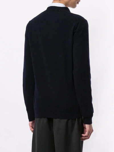 Comme Des Garçons Play Mens Cardigan Knit Black Wool Cardigan With Pixel Heart Patch. In Blue