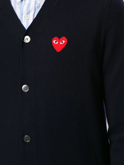 Comme Des Garçons Play Mens Cardigan Knit Black Wool Cardigan With Pixel Heart Patch. In Blue