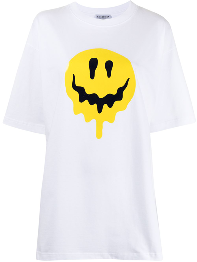 Shop Balenciaga Smiley-print Oversized T-shirt In Weiss