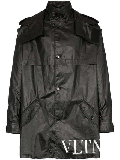 Shop Valentino Vltn Logo Waxed Hooded Parka In Black