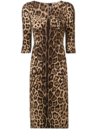 Dolce & Gabbana Leopard-print Calf-length Cady Dress In Brown