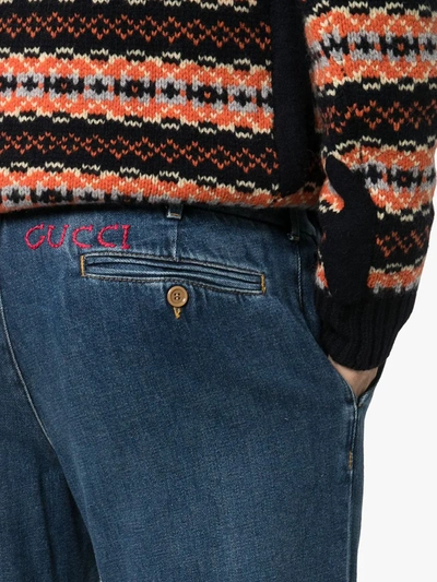 Shop Gucci Logo-embroidered Cropped Jeans In Blue