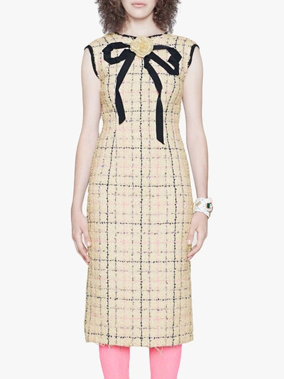 Shop Gucci Tweed Sheath Dress With Bow In Neutrals