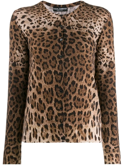 Dolce & Gabbana Leopard-print Virgin Wool Cardigan In Brown
