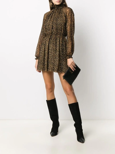 Shop Saint Laurent Leopard-print Pleated Mini Dress In Neutrals