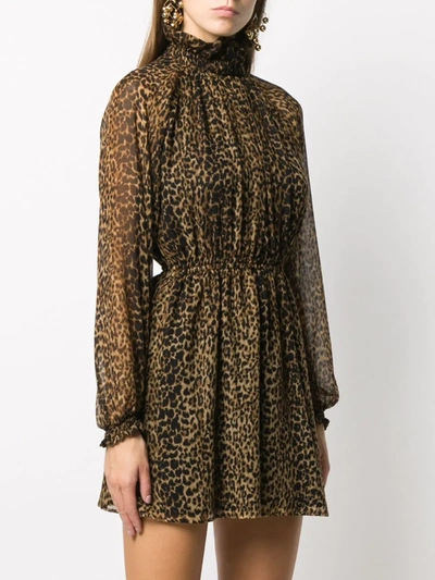 Shop Saint Laurent Leopard-print Pleated Mini Dress In Neutrals