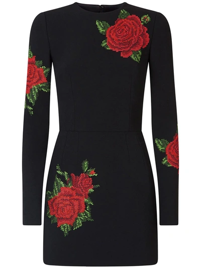 Shop Dolce & Gabbana Cross-stitch Embroidery Silk Dress In Black