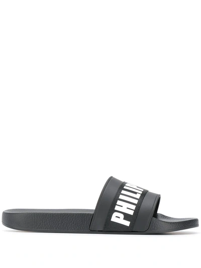 Shop Philipp Plein Flat Logo Gummy Sandals In Black