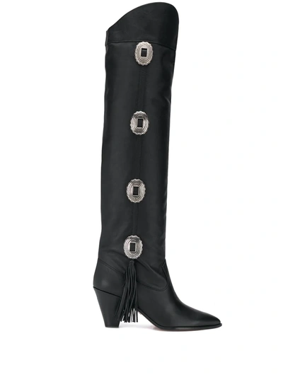 Shop Aquazzura Black Go West 70 Knee-high Studded Leather Boots