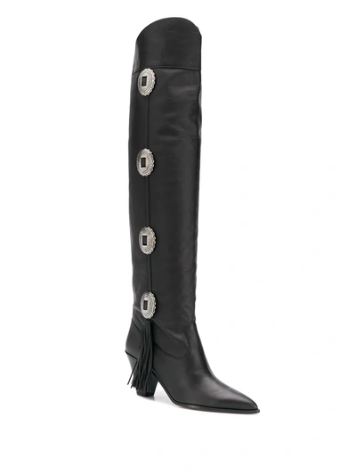 AQUAZZURA BLACK GO WEST 70 KNEE-HIGH STUDDED LEATHER BOOTS - 黑色