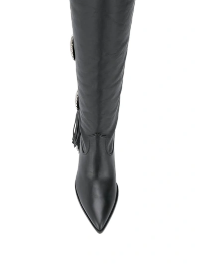 AQUAZZURA BLACK GO WEST 70 KNEE-HIGH STUDDED LEATHER BOOTS - 黑色