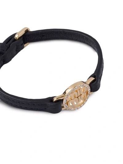 Shop Miu Miu Grained Madras Leather Bracelet In Black