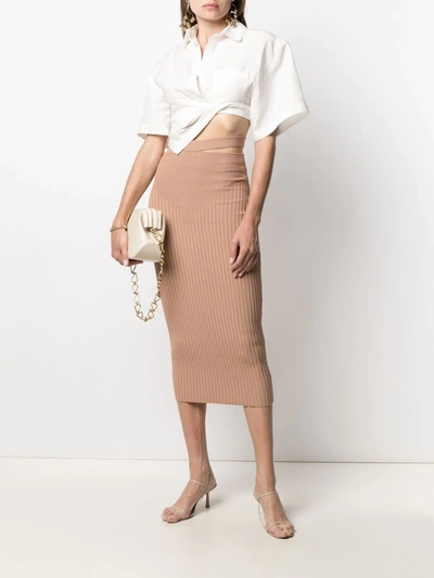 Shop Adamo Ribbed-knit Pencil Skirt In Brown