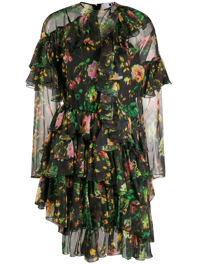Shop Msgm Floral Print Ruffled Dress In Black