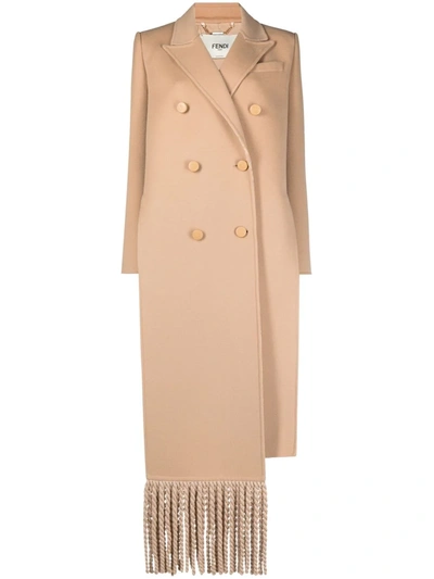 Shop Fendi Fringe Detail Double Breasted Coat In Nude