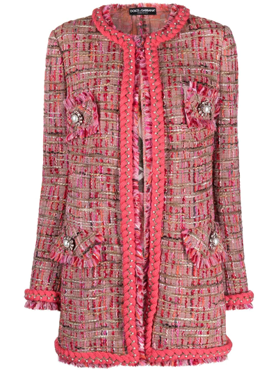 Shop Dolce & Gabbana Pearl-embellished Frayed Tweed Jacket In Pink