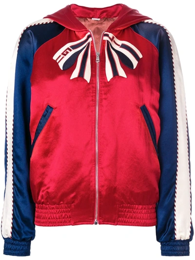 Shop Gucci Colour Block Hooded Bomber Jacket With Tiger Print In Red