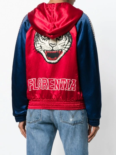 Shop Gucci Colour Block Hooded Bomber Jacket With Tiger Print In Red