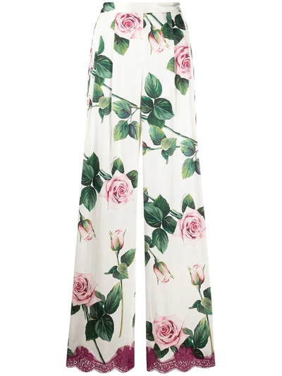 Shop Dolce & Gabbana Tropical Rose Print Wide-leg Trousers In White