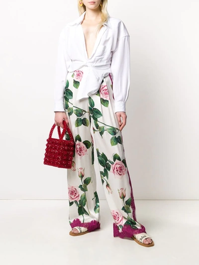 Shop Dolce & Gabbana Tropical Rose Print Wide-leg Trousers In White