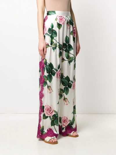 Shop Dolce & Gabbana Tropical Rose Print Wide-leg Trousers In White