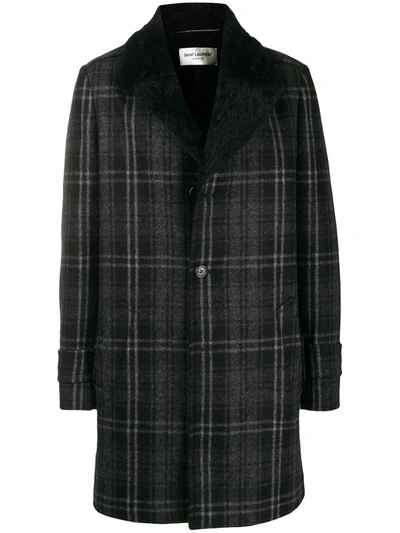 Saint Laurent Wool Coat Faux Fur Collar In Black