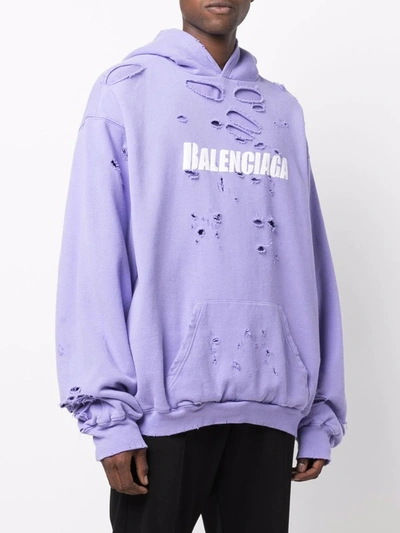 Shop Balenciaga Logo Print Distressed-finish Hoodie In Purple
