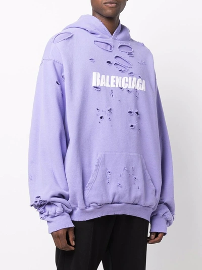 Balenciaga Oversized Distressed Logo-print Cotton-jersey Hoodie In Purple |  ModeSens