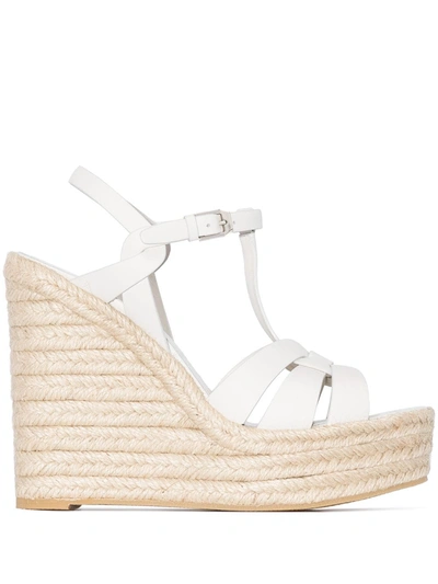 Shop Saint Laurent Tribute 85mm Leather Espadrille Wedges In White