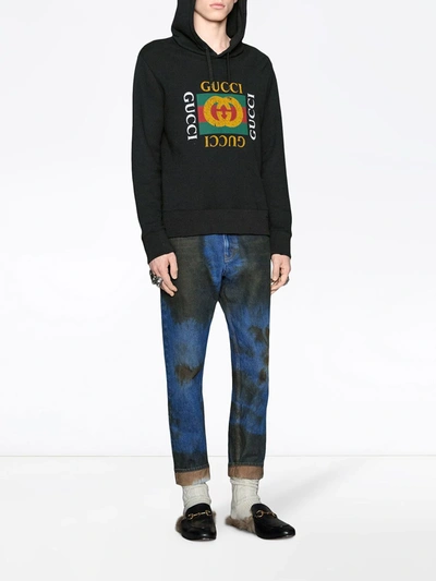 Gucci Logo Printed Cotton Sweatshirt Hoodie In Black
