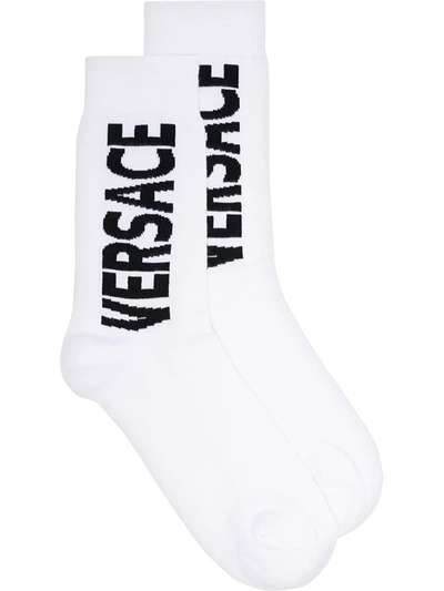 Shop Versace White And Black Logo Printed Socks