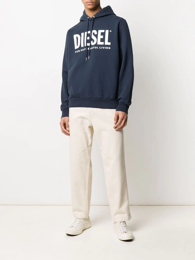 Shop Diesel Logo-print Long-sleeved Hoodie In Blue