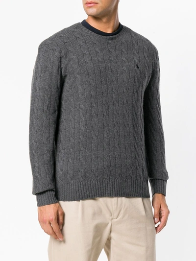 Shop Polo Ralph Lauren Cable Knit Logo Embroidered Jumper In Grey