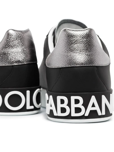 Dolce & Gabbana Portofino Sneakers In Black Leather With Silver Inserts In Black