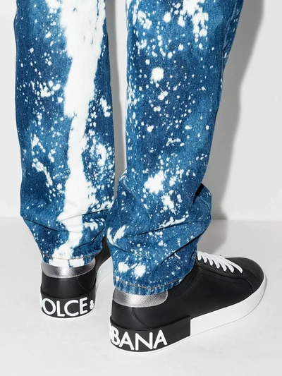 Dolce & Gabbana Portofino Sneakers In Black Leather With Silver Inserts In Black