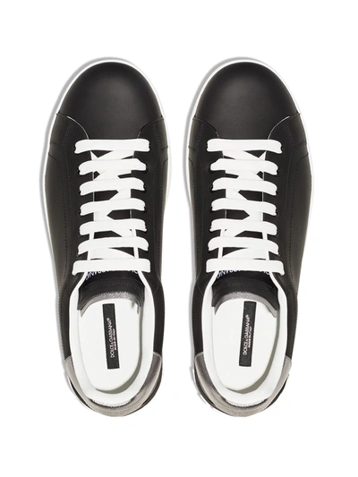Dolce & Gabbana Portofino Sneakers In Black Leather With Silver Inserts In Black