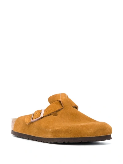 Shop Birkenstock Suede Buckle Slippers In Brown