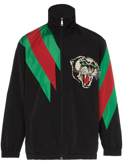 Shop Gucci Embroidered Contrast Stripe Logo Track Jacket In Black