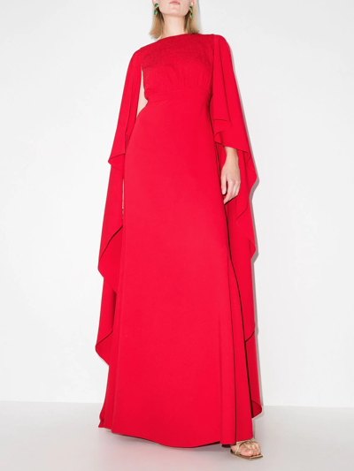 Shop Carolina Herrera Cascading Cape-style Gown In 红色