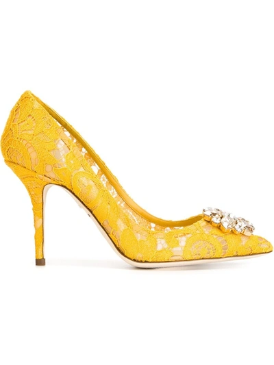 Shop Dolce & Gabbana Rainbow Lace 90mm Brooch-detail Pumps In Yellow