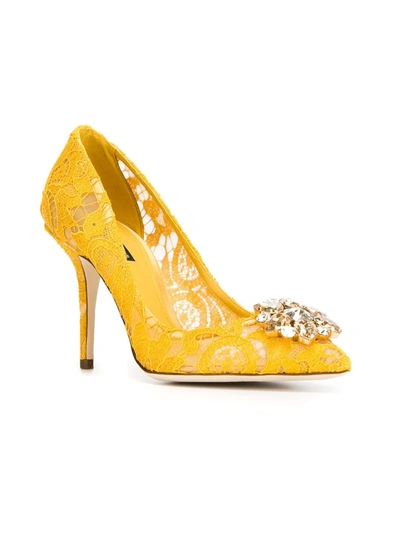 Shop Dolce & Gabbana Rainbow Lace 90mm Brooch-detail Pumps In Yellow