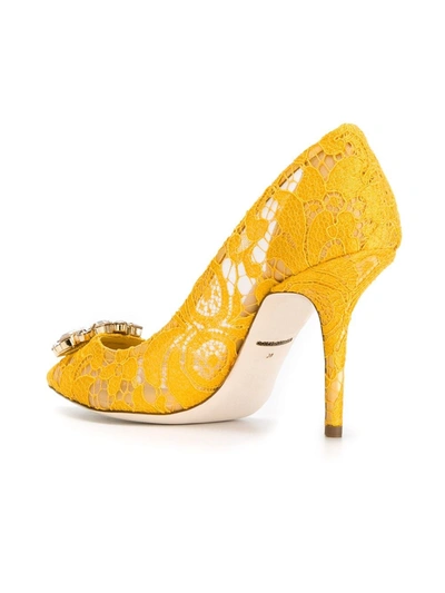 Shop Dolce & Gabbana Rainbow Lace 90mm Brooch-detail Pumps In Yellow